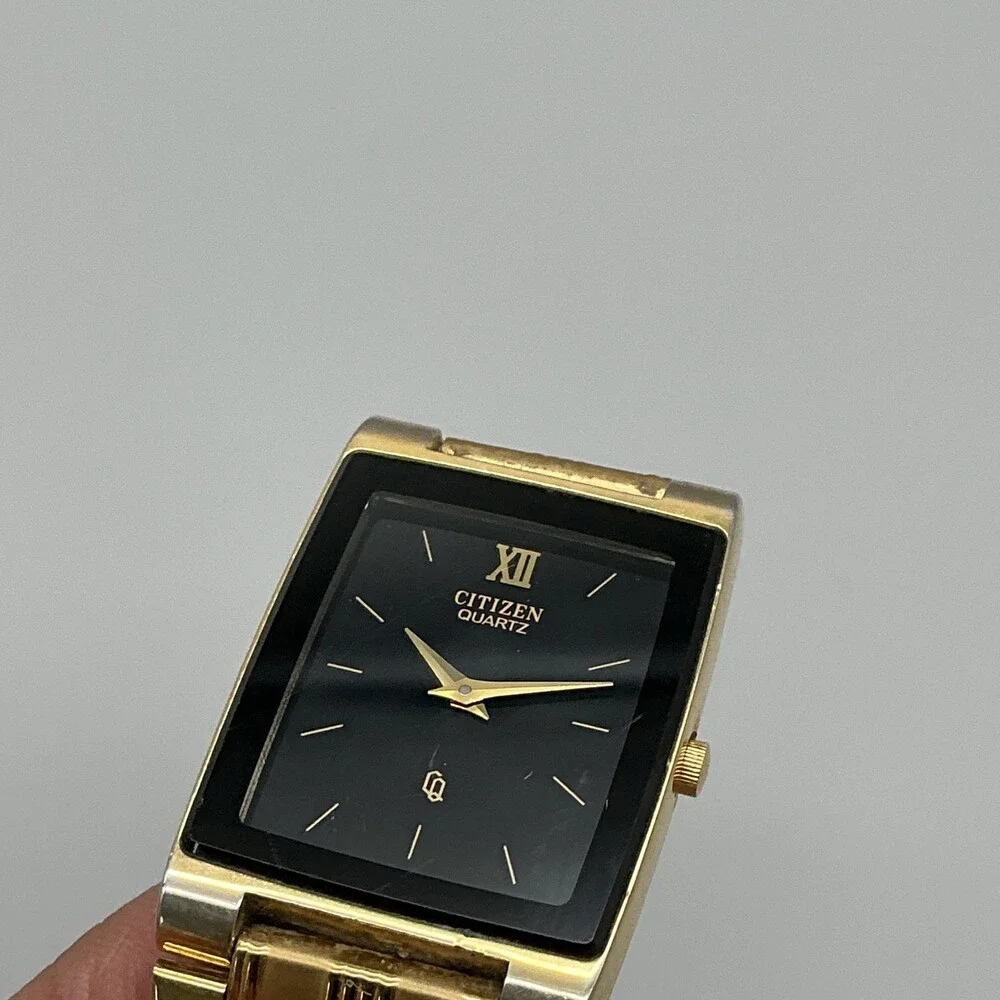 Vintage Citizen Mens Watch 24mm Black Dial Gold Tone Broken Band New Battery